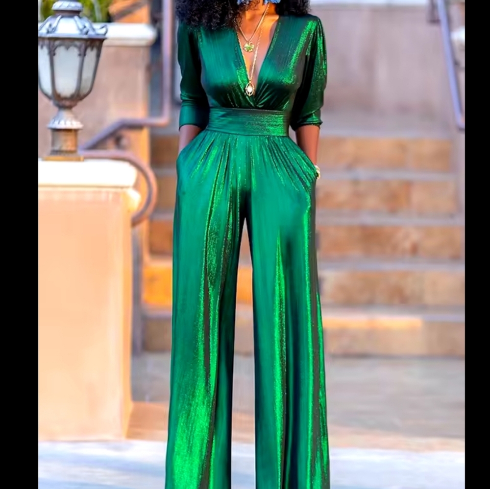 Jumpsuit Deep V-neck Three-Quarter Sleeves High Waist Wide Leg Oe-piece - Picture 1 of 7